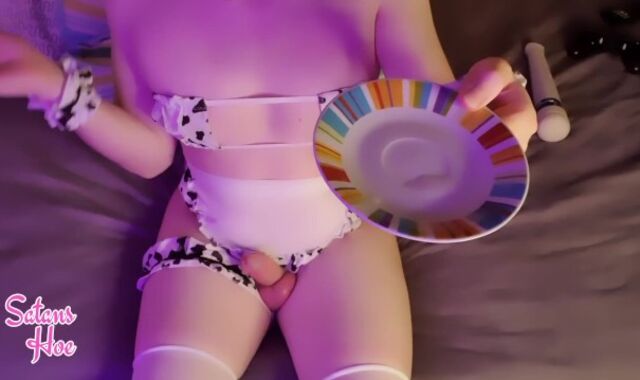 she-creature ejaculates three times and slurps it all up ultra-mischievous cow costume play