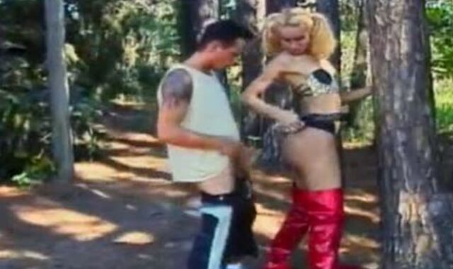 youthful blond sheboy Claudia Hunter In Crimson Spandex Jackboots Likes Getting Her booty Drilled In The Woods