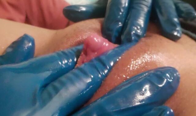 FTM moans while ejaculating from palm-job with surgical gloves