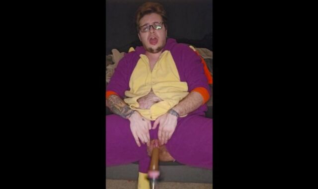 Transman in Onesie Romps Humid FTM Puss with Drill Machine on HIGH (BIG BLACK COCK Faux-cock)