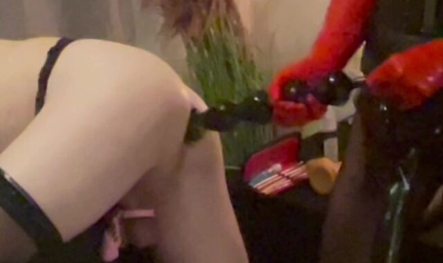 Sissy TV poked on smash-a-thon bench with gigantic cord-on